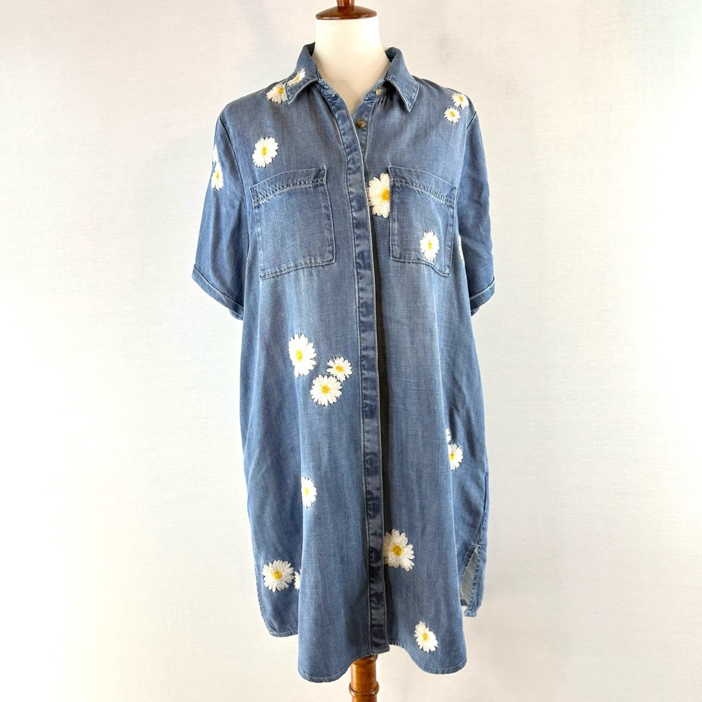 Denim Blue Lightweight Daisy Embroidered Shirt Dress